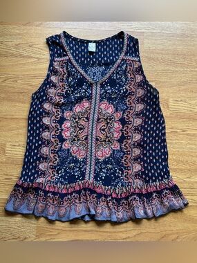 Bila Navy Paisley Geometric Ruffle Hem Sleeveless Top Embroidered Boho Sz S